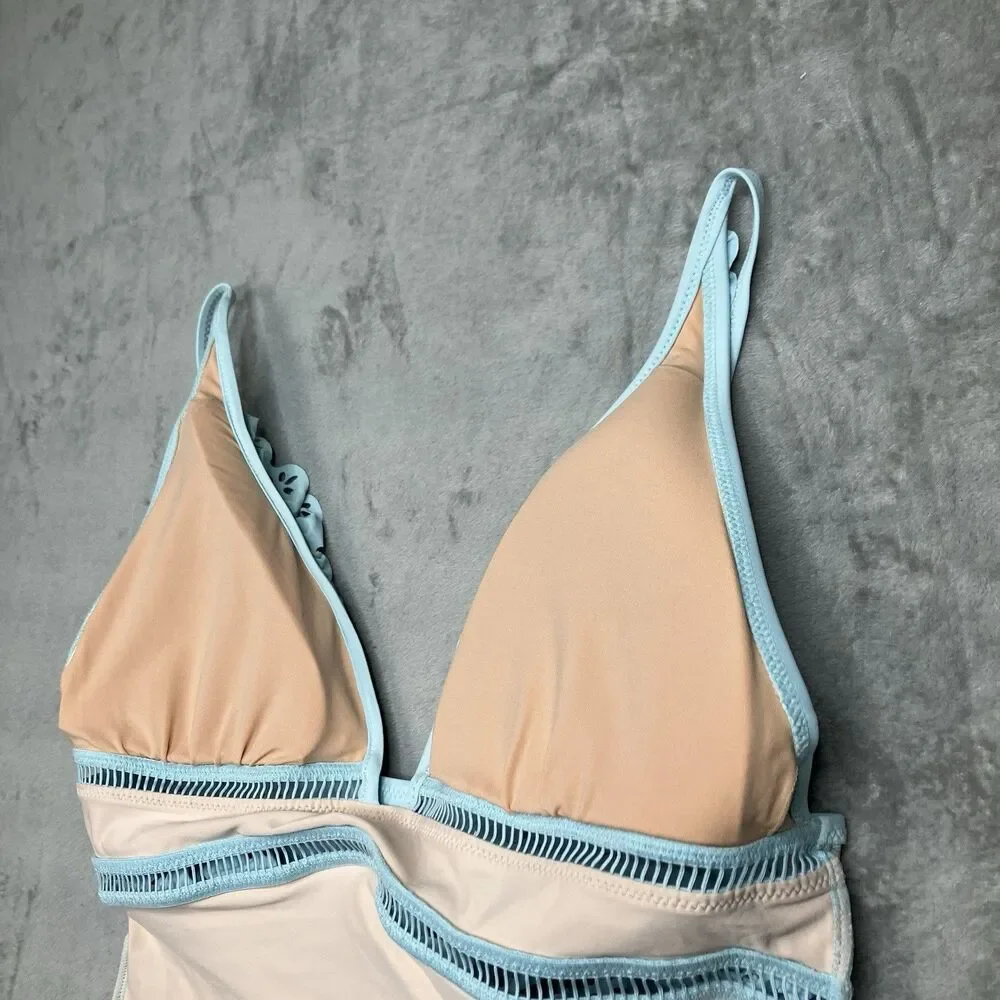 J Crew Eyelet Swimsuit Womens 14 Blue One Piece Ruffle Plunge Scalloped K9136